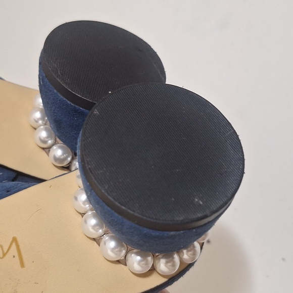 Lord & Taylor Pearl Trim Round Block Heal Nave Blue Suede Mules Size 9 - Picture 9 of 12